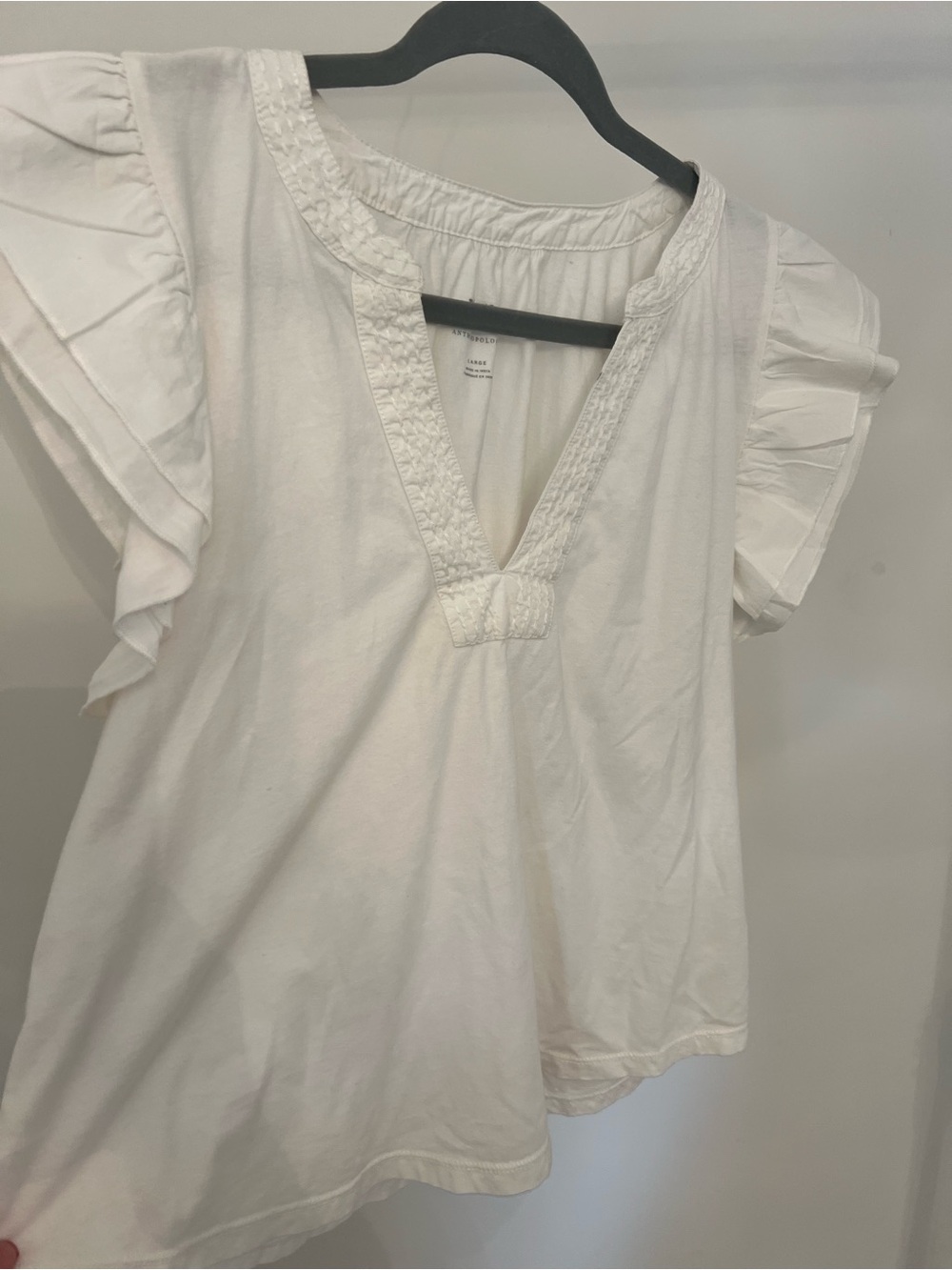 Anthropologie White Embroidered V-Neck Ruffle Sleeve Blouse